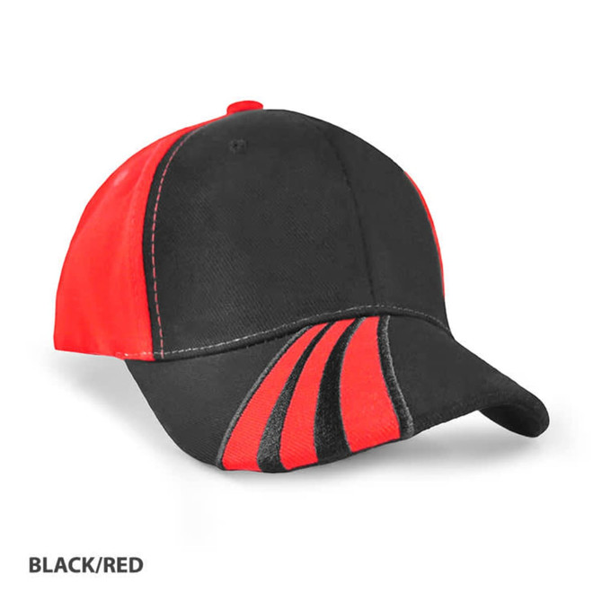 A black and red cap with a curved peak and striped design. It features branding on the side.