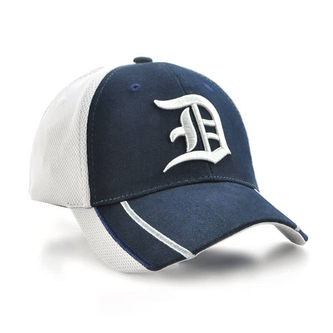 A navy and white cap featuring a logo on the front, designed as headwear.