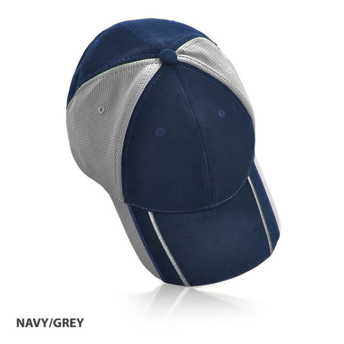 A navy and grey cap with a mesh design and a logo. Features a structured crown and curved brim.