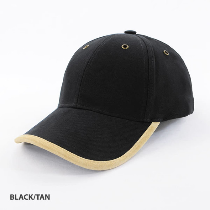 A black cap with a tan suede trim along the brim and eyelets, featuring a logo on the front.