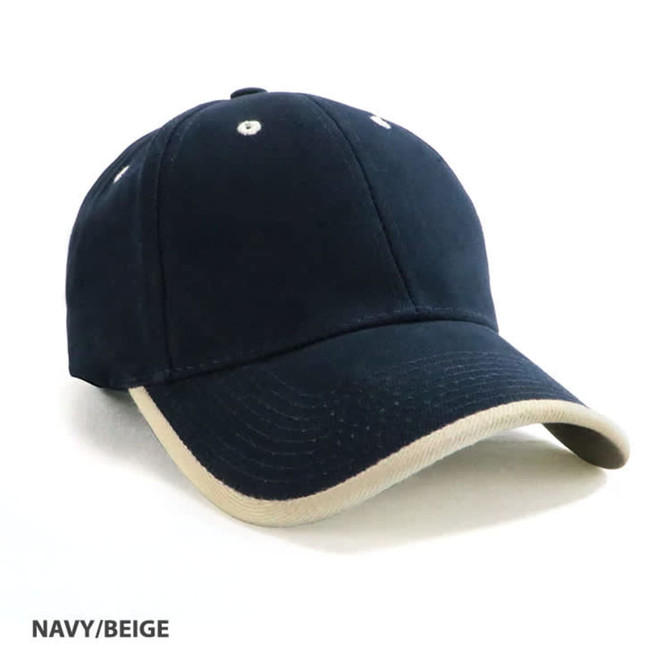 A navy and beige cap with a wrap-over design and a logo on the front.