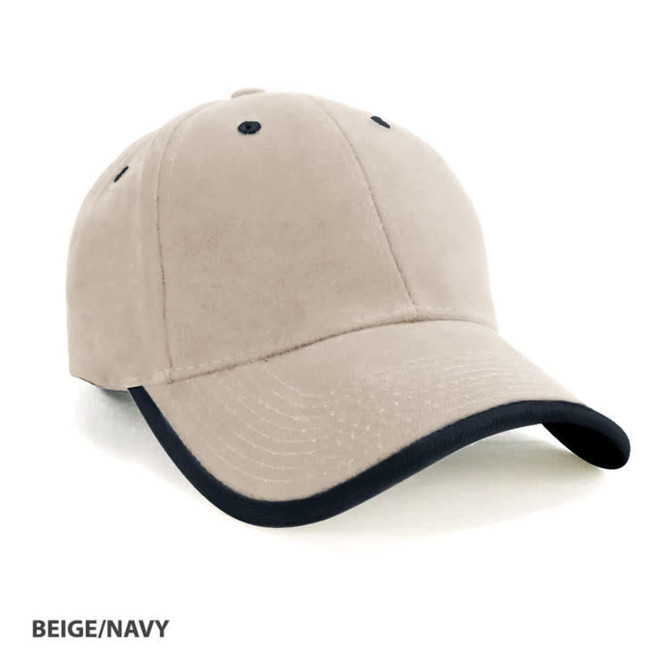 A beige cap with a navy peak and a logo on the front, featuring a wrap-over design.
