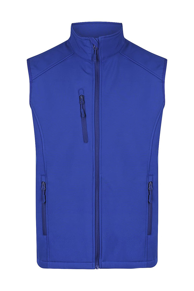 A blue work vest featuring three zippered pockets and a high collar, with a logo on the front.