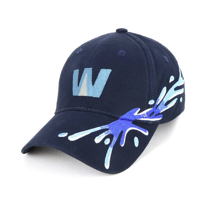 A navy cap featuring a splash design in shades of blue and white, with a logo on the front.