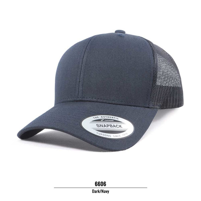 A dark navy trucker cap featuring a mesh panel and a snapback closure, with an attached logo.
