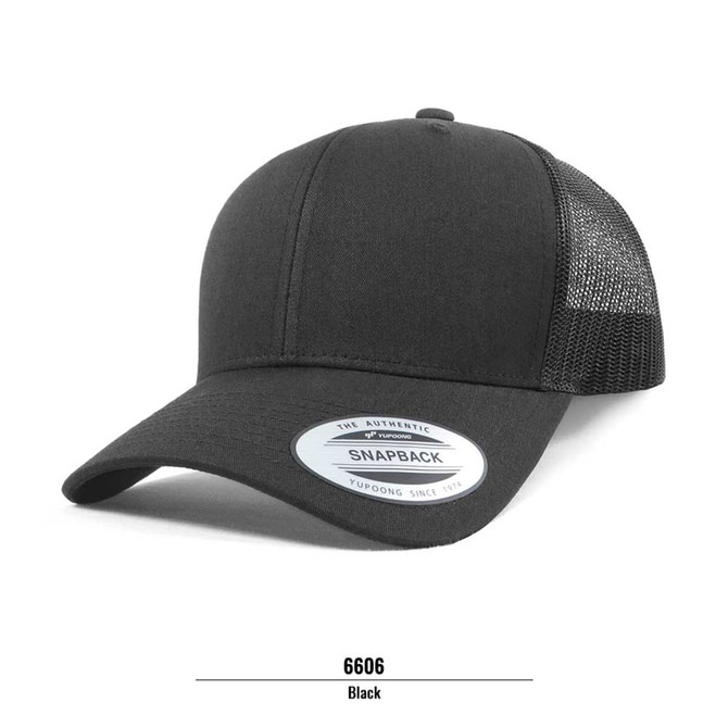 A black trucker cap featuring a mesh back and a snapback closure. Includes a logo on the side.