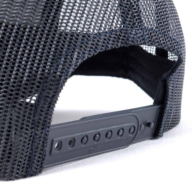 A black trucker cap featuring a mesh back and an adjustable strap for sizing.
