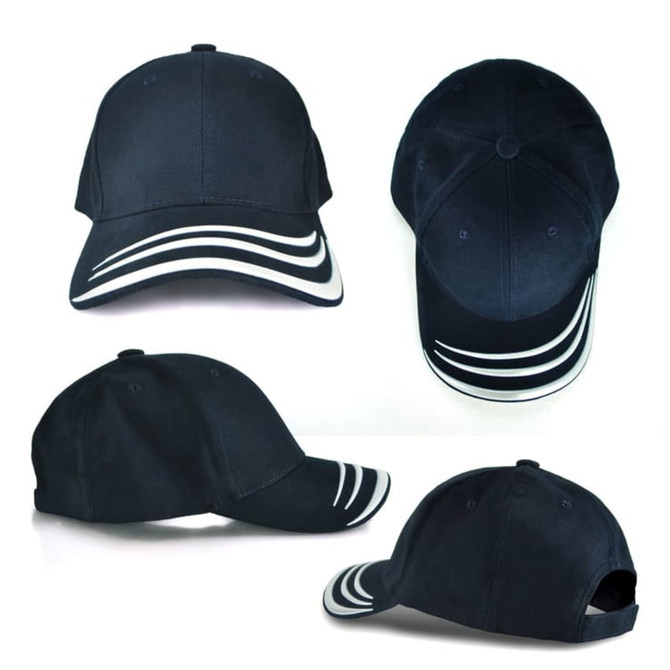A navy cap with white striped detailing, featuring multiple angles of the headwear, including a branded logo.