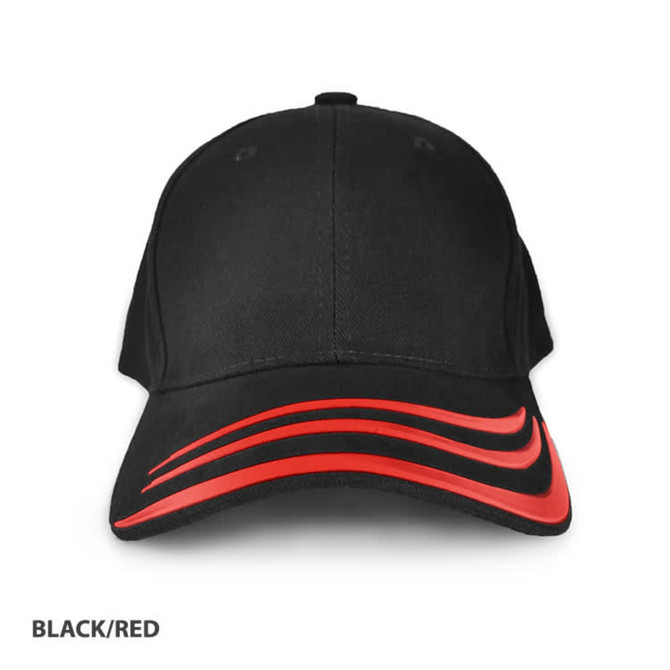 A black cap with red detailing and a logo on the front. Stylish design with a curved brim.