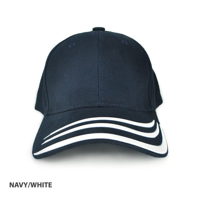 A navy and white cap with a curved design, featuring a logo on the front.