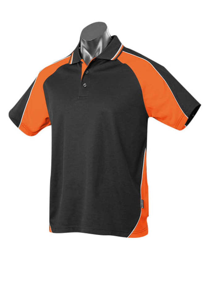 A black and orange polo shirt with side panels and a collar, featuring a logo on the hem.