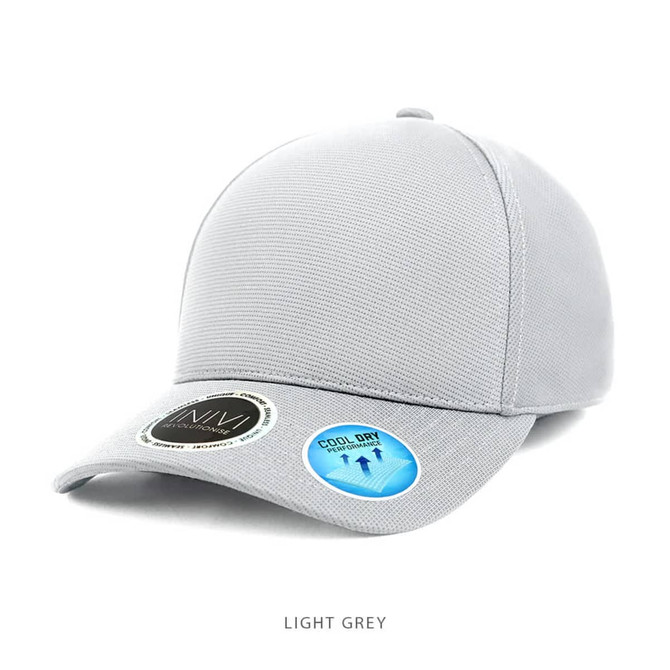 A light grey cap with a curved brim and a logo, featuring a textured fabric design.