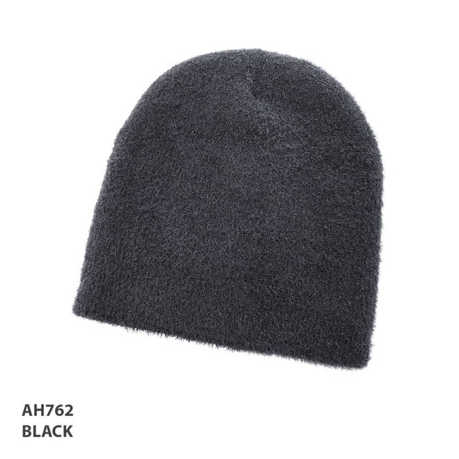 A black shaggy beanie with a soft, textured finish, featuring a logo on the side.