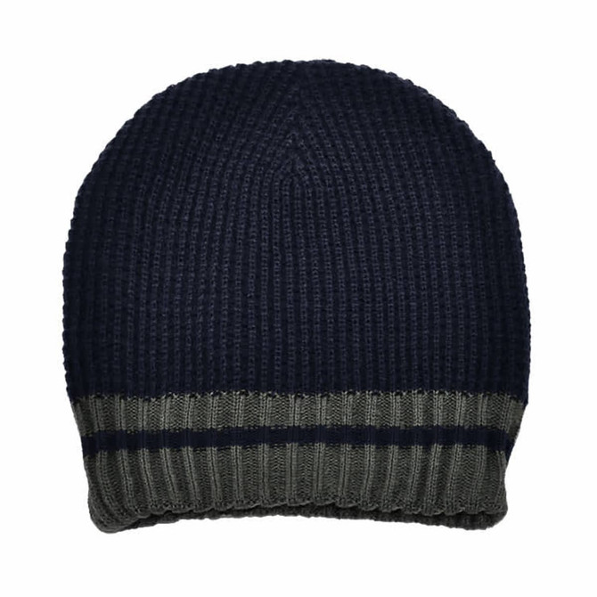 A knitted beanie in navy blue and grey, featuring a striped design and a logo on the cuff.