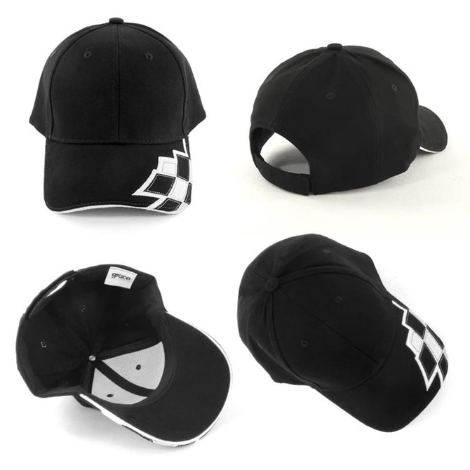 A black cap featuring a checkered design, with front, side, and back views displayed. It has a logo on the underside.