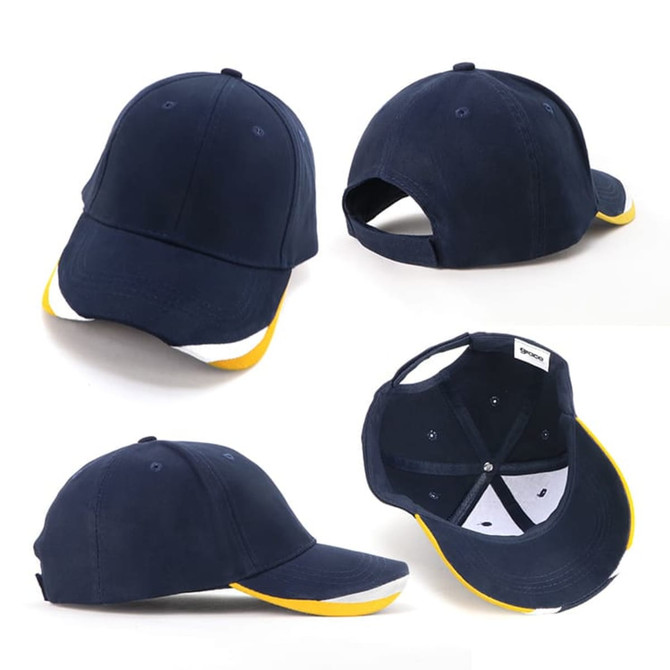 A cap featuring a navy blue design with yellow and white accents, showcasing different angles and an internal view.