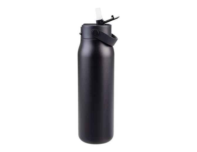 A drink bottle in matte black with a flip-top lid and a carrying handle. It features a branding logo.