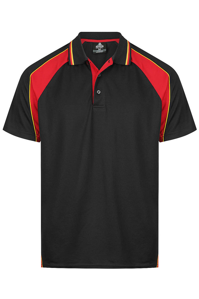 A black polo shirt with red and yellow accents, featuring a collar and a logo.