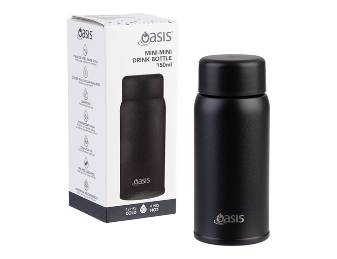 A drink bottle in matte black with a lid, featuring a branded logo, displayed beside its packaging.