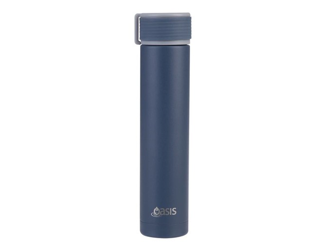 A drink bottle in navy blue with a grey lid and a small logo on the front.