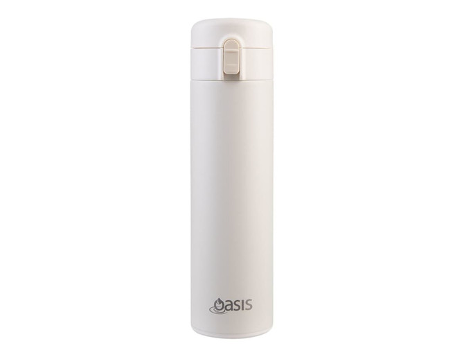 A drink bottle in a sleek design, featuring a white insulated body and a flip-top lid. It has a logo.