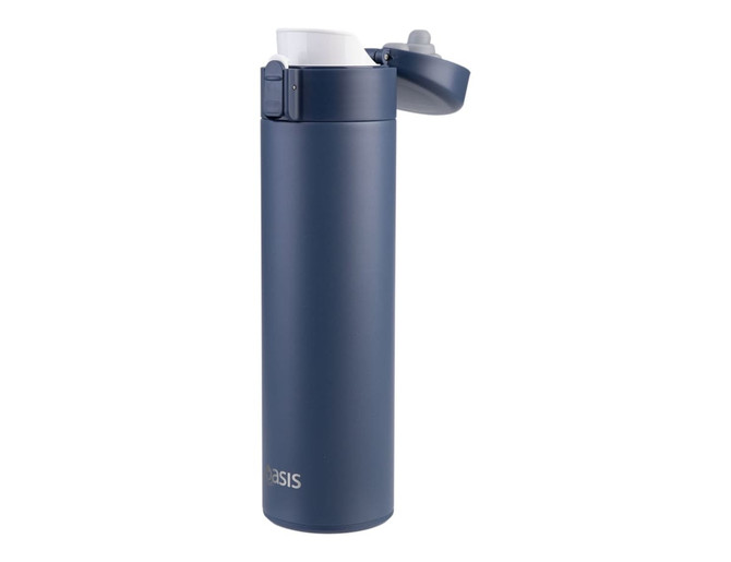 A drink bottle with a flip-top lid, featuring a matte navy exterior and a logo on the side.