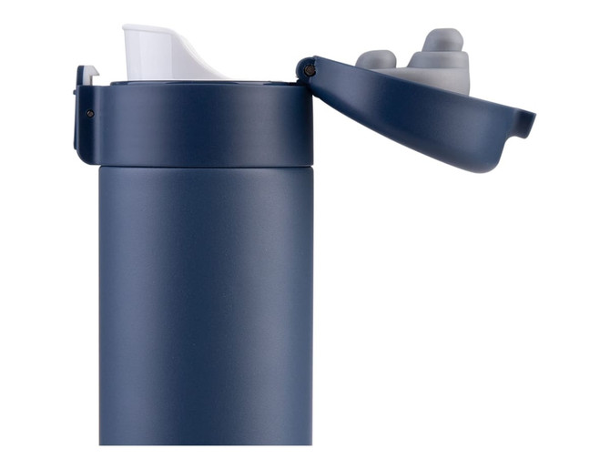 A drink bottle in navy blue with a flip-top lid and a grey cap. It features a logo on the body.