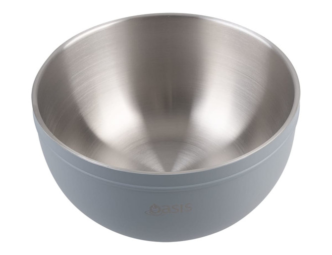 A double wall salad bowl in light grey with a stainless steel interior, featuring a logo.