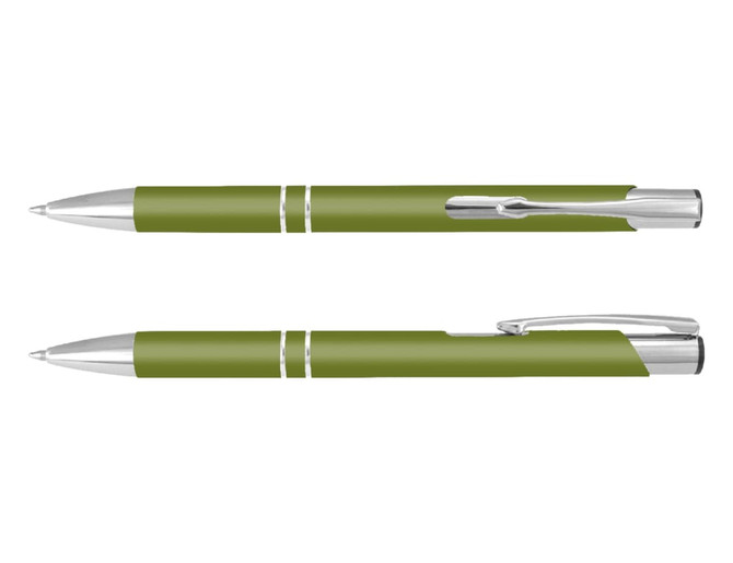 An olive green pen with silver accents, featuring a sleek design and a clip. Suitable for promotional use.
