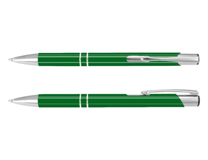 A green lacquer pen with chrome accents, featuring a sleek design and a clip for easy attachment.