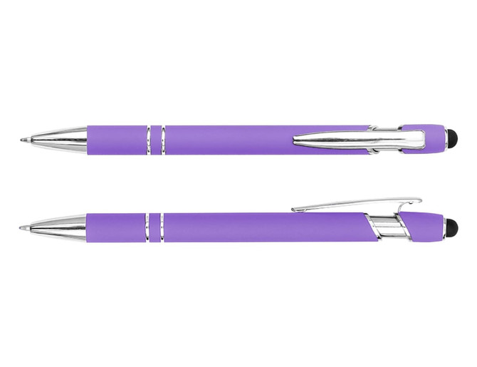 A purple stylus pen with chrome accents, featuring a writing tip and a soft touchscreen stylus. It has a logo.