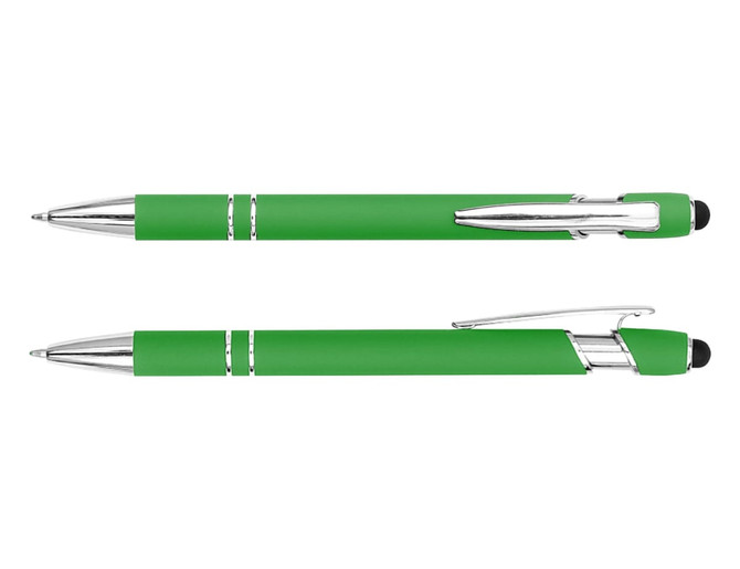A green stylus pen with chrome accents and a black rubber tip, featuring a logo on the barrel.