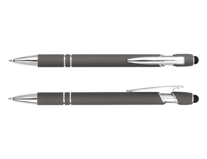 A grey stylus pen with silver accents and a touch screen tip, featuring a logo. Two pens are displayed side by side.