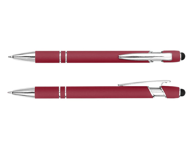 A stylus pen in a deep red colour with silver accents and a rubber tip for touchscreen use. It features a branding logo.