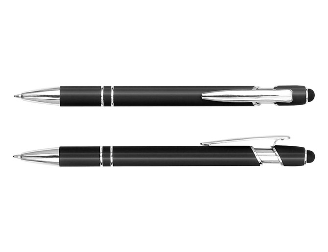 A black stylus pen with chrome accents, featuring a click mechanism and a rubber tip, alongside a matching ballpoint pen.