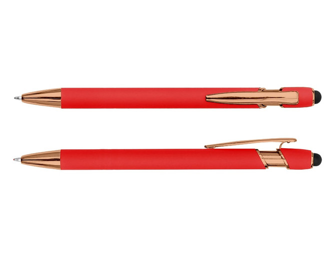 A red stylus pen with rose gold accents, featuring both a click mechanism and a soft touch tip.
