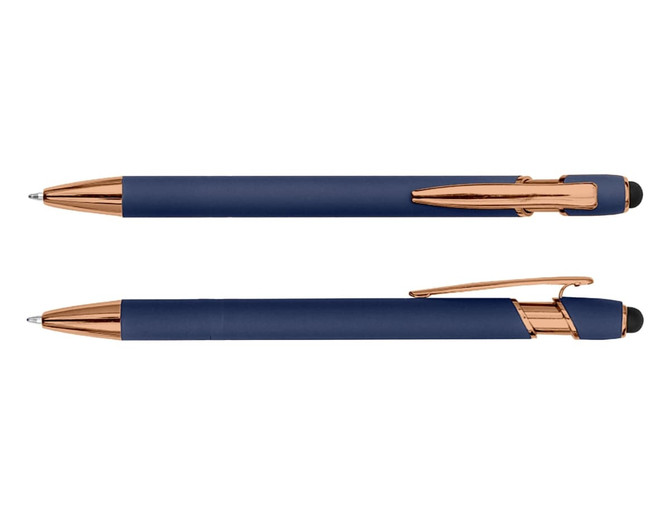A navy blue stylus pen with rose gold accents, featuring a sleek design and a logo on the body.