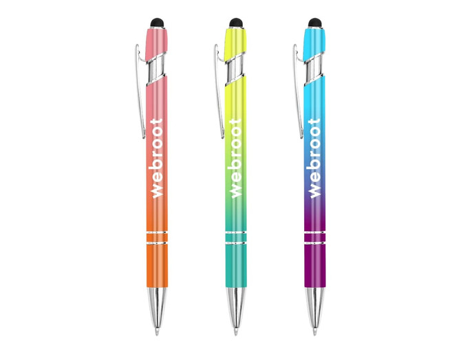A set of three stylus pens in pink, green, and blue, featuring a logo on each pen.
