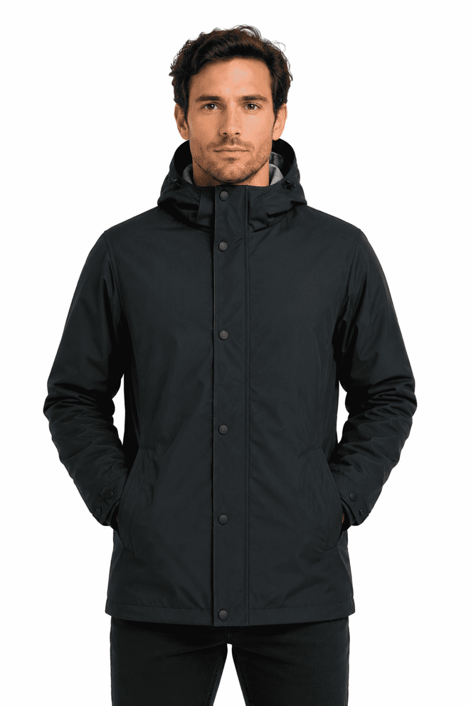 A black men's jacket with a hood, featuring a logo, and a front zip and button closure.