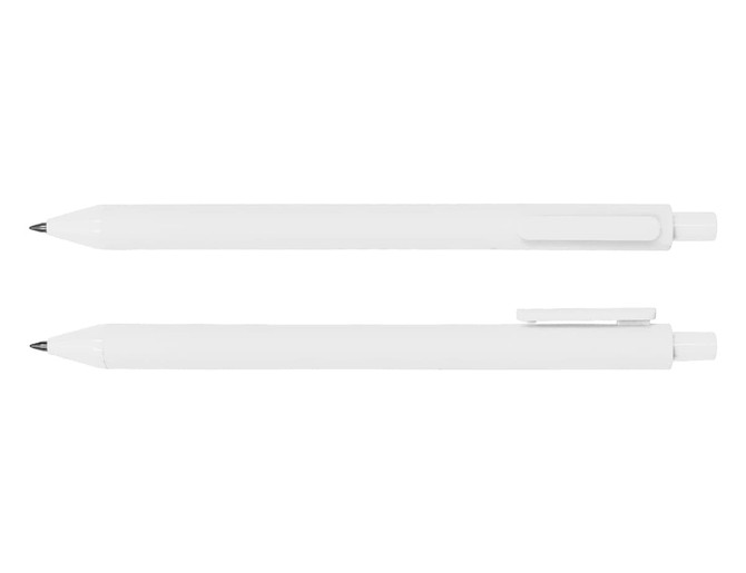 A white ballpoint pen displayed from two angles, featuring a clip and a smooth design. It has a logo.