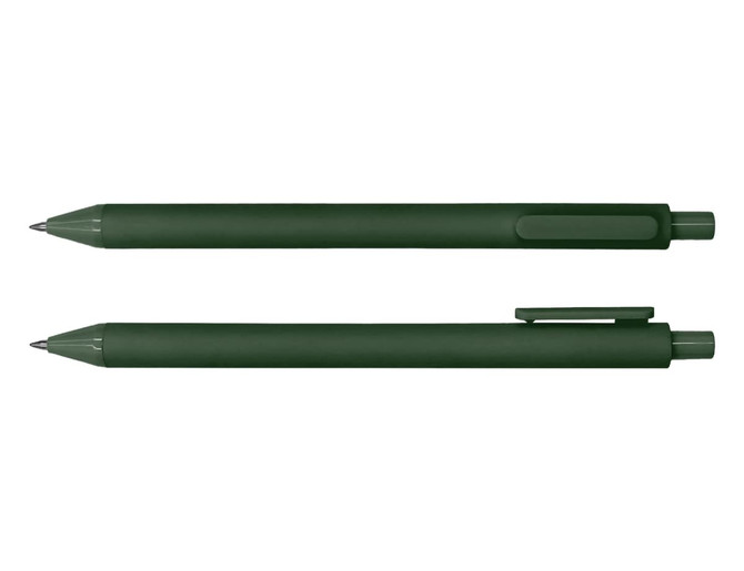 A set of dark green ballpoint pens, featuring a smooth finish and clip for easy attachment.