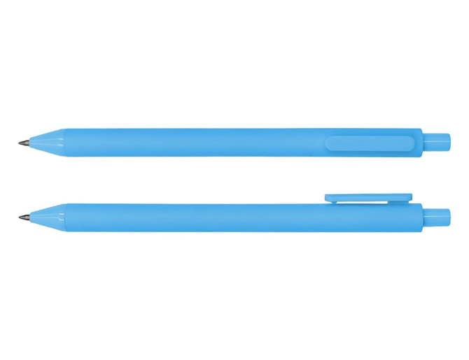 A blue ballpoint pen with a smooth finish and a clip on the side, featuring a simple design and a tip for writing.