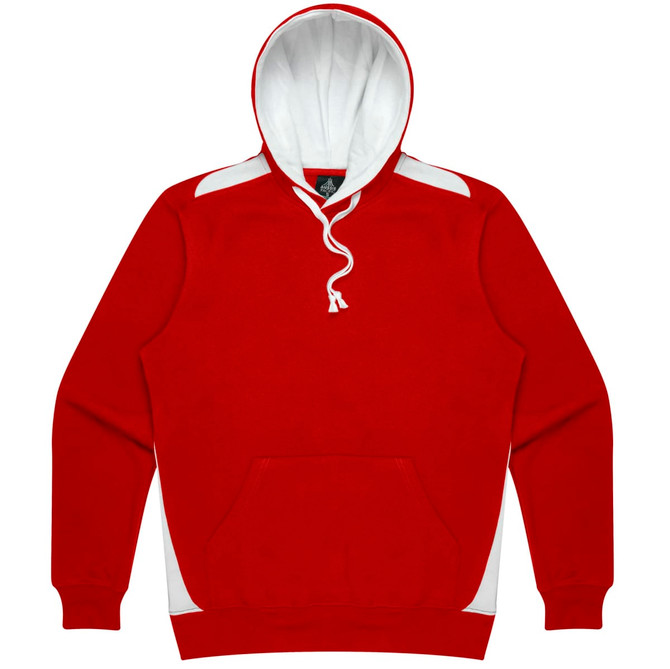 A red hoodie featuring a white hood and side panels, with a front pocket and a logo.