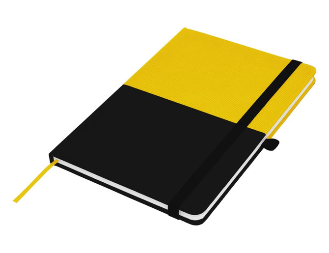 A notebook in black and yellow design, featuring an elastic band and a ribbon marker. Includes a logo on the cover.
