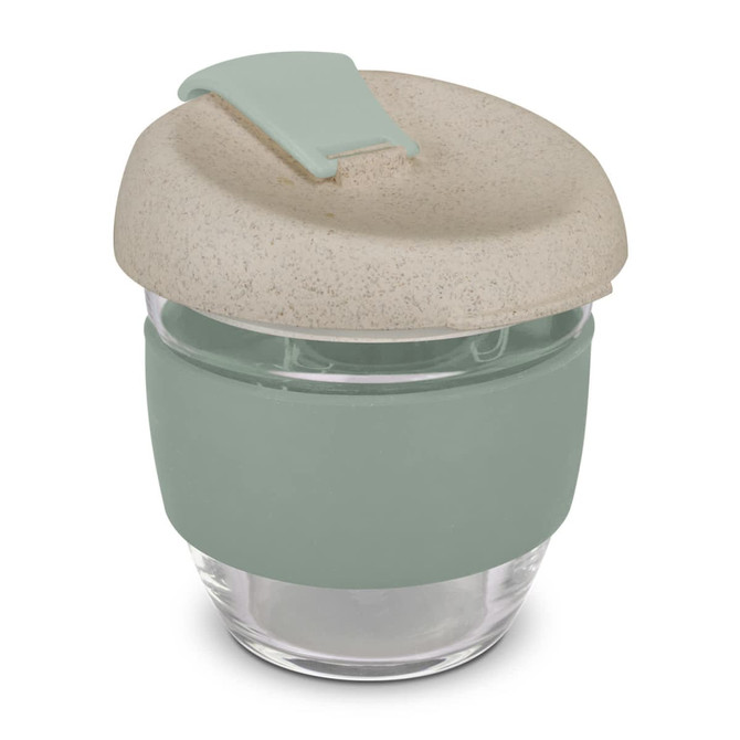A drink bottle in green and natural tones, featuring a reusable glass body and a secure lid with a band.