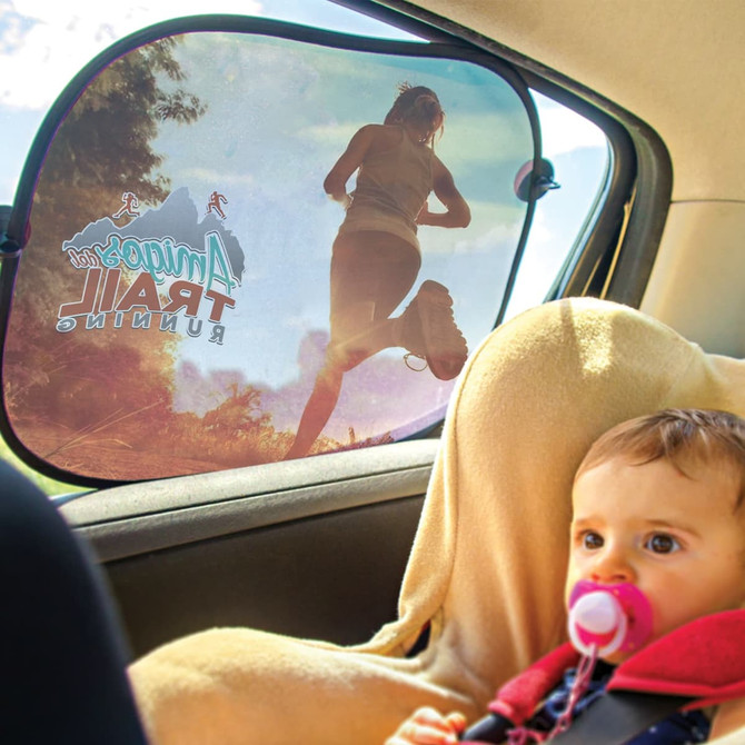 A car sunshade set featuring a logo and images of a runner, designed in a circular shape, with a light colour palette.