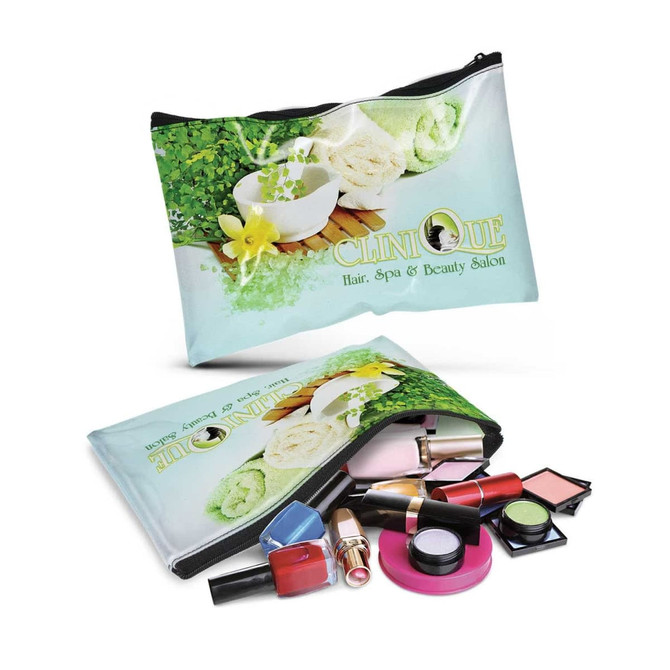 A medium cosmetic bag featuring a floral design, containing various makeup and beauty products in vibrant colours.