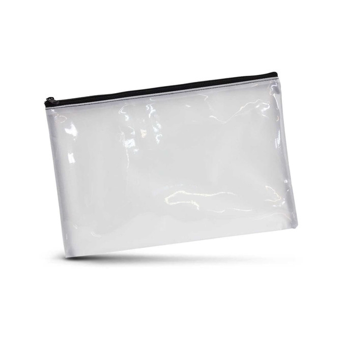 A clear cosmetic bag with a zippered closure, featuring a sleek and modern design.