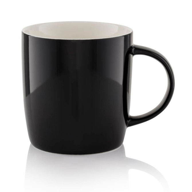 A black barrel mug with a smooth finish and a contrasting white interior, featuring a sturdy handle.
