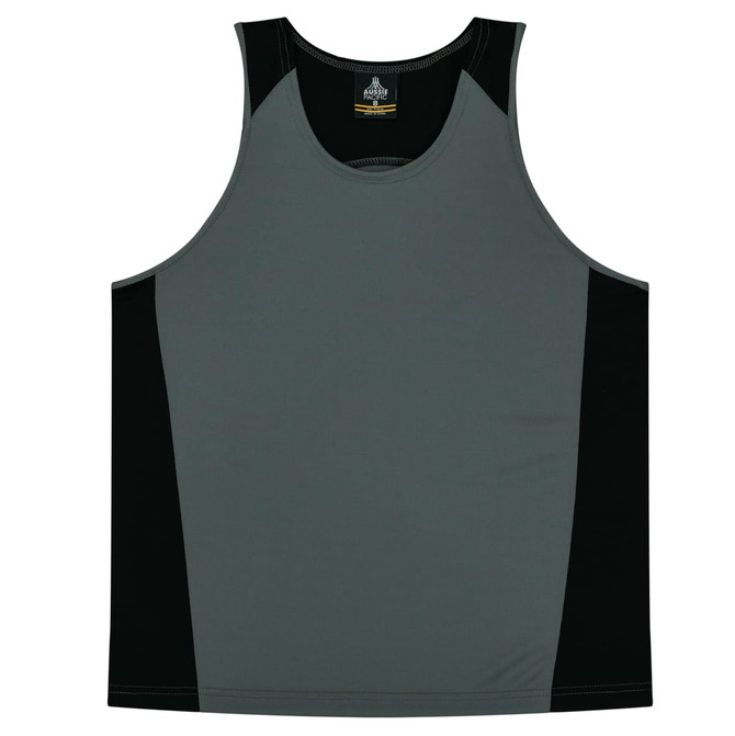 A grey and black singlet featuring a logo, made for children.